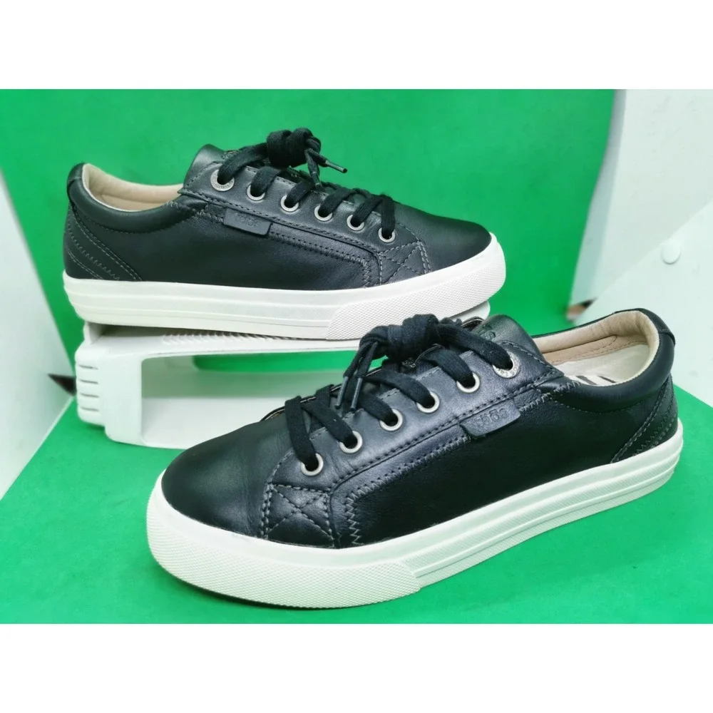 Taos Plim Soul Lux Black Leather Sneakers Womens Size 8.5 Low Top Lace Up Shoes